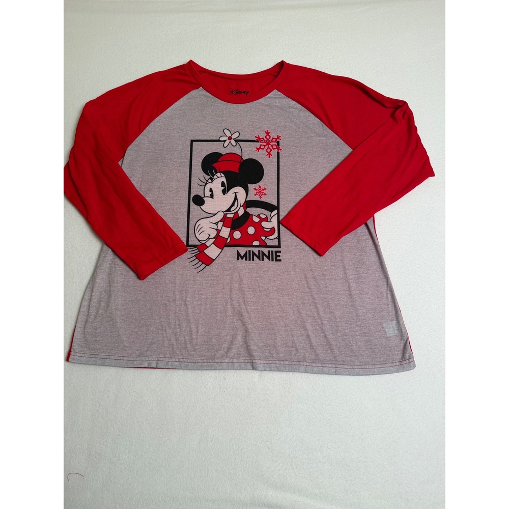 Disney Minnie Mouse Holiday Raglan Long Sleeve Shirt Red Gray Women 1X